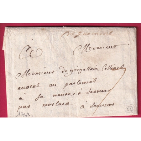 MARQUE MANUSCRIT DE GUEMENE MORBIHAN 1763 LENAIN N°1 INDCIE 14 POUR LESNEVEN LETTRE COVER FRANCE