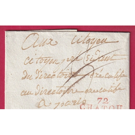 MARQUE 72 CHATOU EN ROUGE  SEINE ET OISE NON SIGNALE PAR POTHION PARIS PERIODE REVOLUTION FRANCHISE LETTRE COVER FRANCE