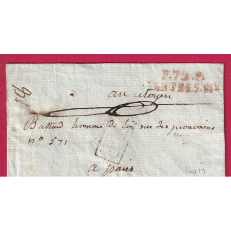 MARQUE P72P MANTES SUR SEINE ET OISE EN ROUGE INDICE 19 POUR PARIS 1794??? LETTRE COVER FRANCE