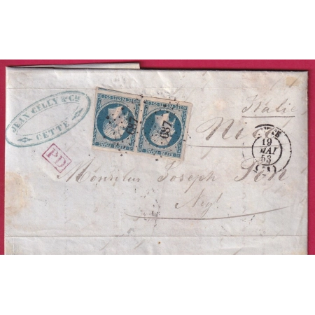 N°10 PAIRE PC 687 CETTE SETE HERAULT POUR NICE ETATS SARDE 1853 ALPES MARITIMES LETTRE COVER FRANCE