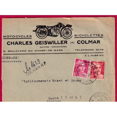 ENVELOPPE ILLUSTREE MOTO RECOMMANDE PROVISOIRE COLMAR HAUT RHIN 1946 POUR MACON SAONE ET LOIRE LETTRE COVER FRANCE