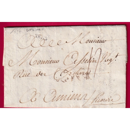 MARQUE SENS YONNE 1774 LENAIN N°2 POUR AMIENS SOMME LETTRE COVER FRANCE
