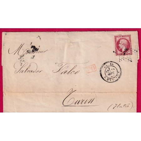 N°17B DEFECTUEUX RARE ETOILE CHIFFREE SUR NON DENTELE PARIS ETOILE 4 POUR TURIN ITALIE LETTRE COVER FRANCE