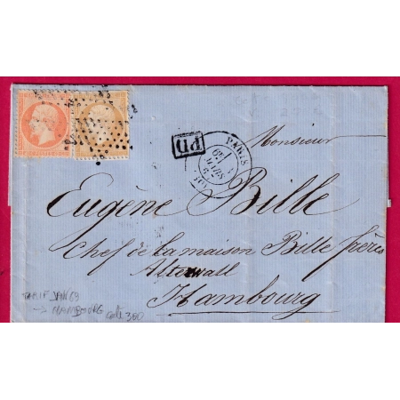 N°21 23 PARIS BUREAU CENTRAL ETOILE POUR HAMBOURG ALLEMAGNE TOUR ET TAXI 1867 LETTRE COVER FRANCE