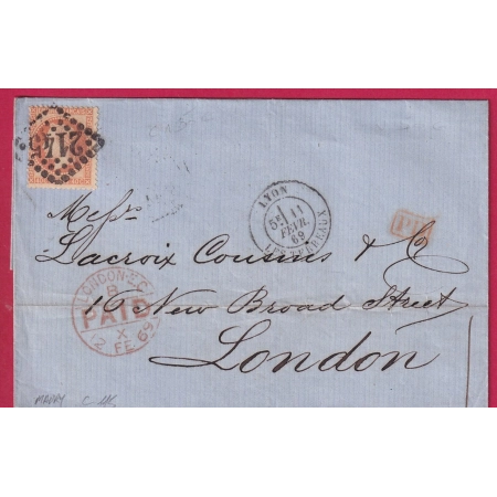 N°31 GC 2145 LYON LES TERREAUX RHONE POUR LONDRES LONDON ANGLETERRE 11 FEVRIER 1869 LETTRE COVER FRANCE