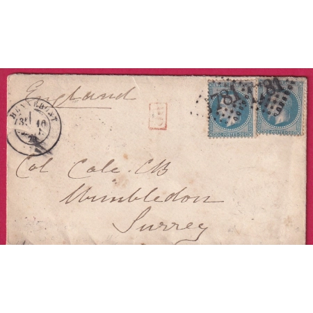 N°29 X2 GC 1781 HENNEBONT MORBIHAN POUR WIMBLEDON SURREY ANGLETERRE 16 JANVIER 1870 LETTRE COVER FRANCE