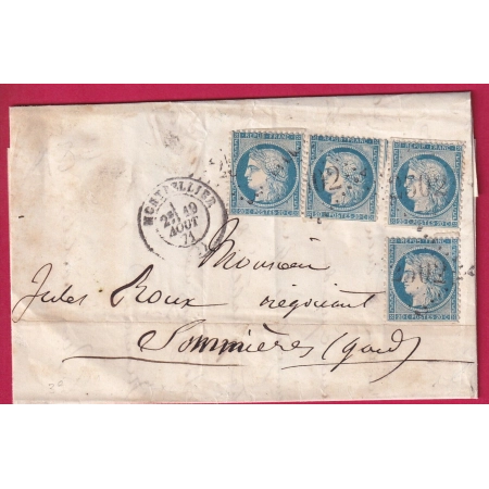 N°37 X4 GC 2502 MONTPELLIER HERAULT POUR SOMMIERES GARD PRECURSEUR ROULETTE ??? LETTRE COVER FRANCE