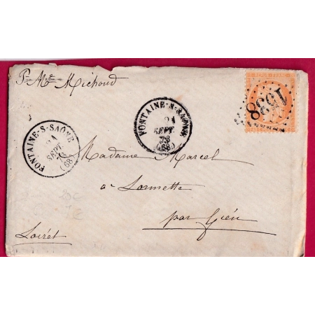 N°38 GC 1538 FONTAINE SUR SAONE RHONE CAD TYPE 16 POUR GIEN LOIRET LORMETTE 1873 LETTRE COVER FRANCE