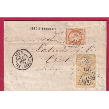 N°38 59 PAIRE GC 6316 LYON LES TERREAUX POUR CREST DROME LETTRE COVER FRANCE