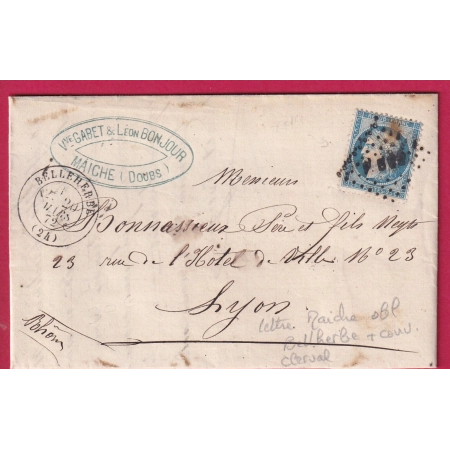 N°60 AMBULANT PARIS BESANCON CAD BELLEHERBE DOUBS AU DOS CONVOYEUR STATION CLERVAL LETTRE COVER FRANCE