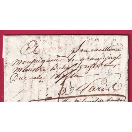 MARQUE 22 LE CHAMBON CREUSE 1811 EN ROUGE POUR PARIS INDICE 18 FRANCHISE LE PROCUREUR IMPERIAL LETTRE COVER FRANCE