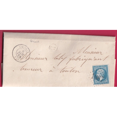 N°22 GC 1067 COGOLIN BOITE RURALE B GRIMAUD 6 NOVEMBRE 1864 POUR TOULON LETTRE COVER FRANCE