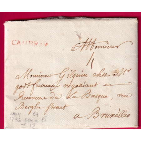 MARQUE CAMBRAI NORD EN ROUGE 1776 LENAIN N°5 POUR BRUXELLES BELGIQUE  LETTRE COVER FRANCE