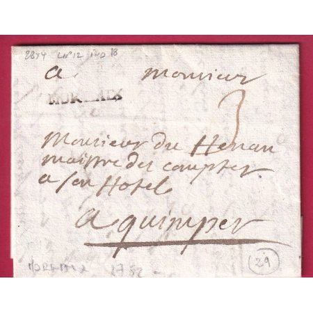 MARQUE MORLAIX FINISTERE 28X4 LENAIN N°12 1752 INDICE 18 POUR QUIMPER LETTRE COVER FRANCE