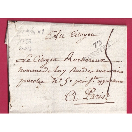 MARQUE 72 BONNIERES SEINE ET OISE 1793 POUR PARIS INDICE 16 LETTRE COVER FRANCE