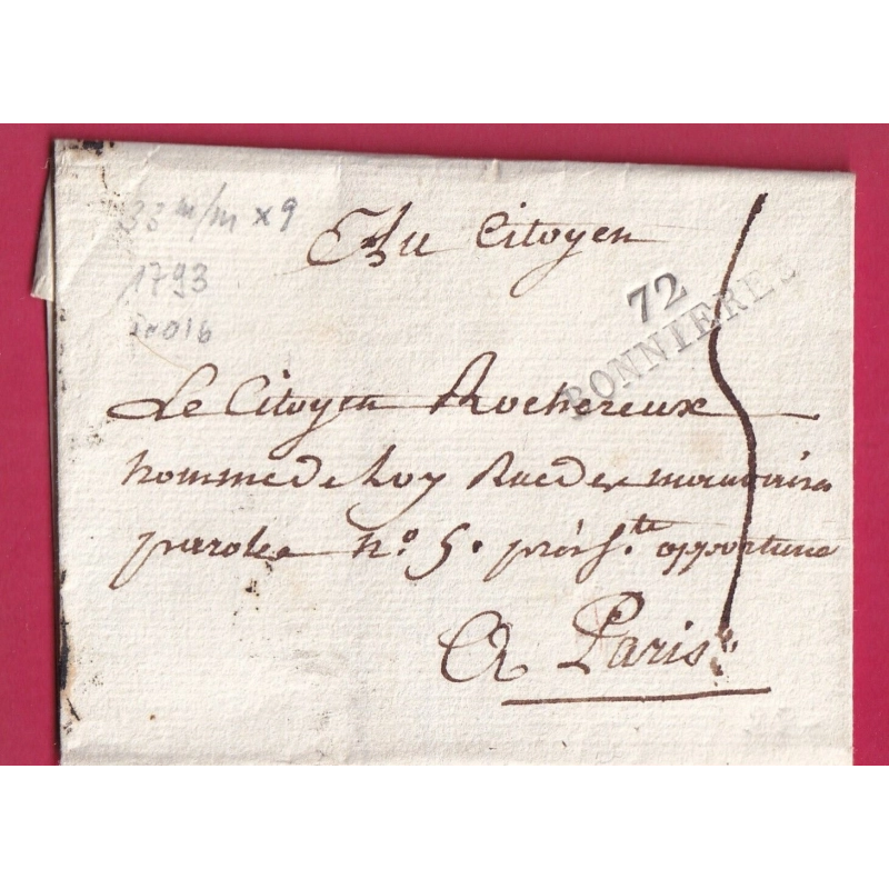 MARQUE 72 BONNIERES SEINE ET OISE 1793 POUR PARIS INDICE 16 LETTRE COVER FRANCE