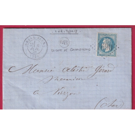N°29 GC 1690 GRAND BOURG CREUSE OR LA COTE DE CHAMBORAND POUR VIERZON LETTRE COVER FRANCE