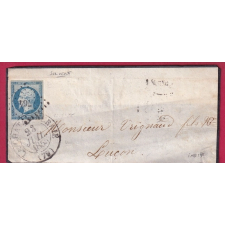 N°14 BLEU LAITEUX SUR VERT CZD TYPE 13 LA CHATAIGNERAIE VENDEE 1855 POUR LUCON DEVANT DE LETTRE COVER FRANCE