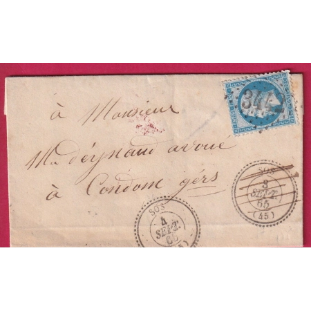 N°22 GC 3442 SOS LOT ET GARONNE CAD TYPE 22 PRECURSEUR APRES LE DEPART POUR CONDOM GERS COVER FRANCE