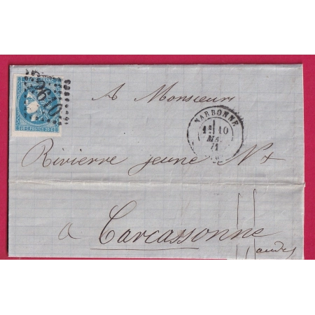 N°46B TTB / SUP GC 2610 NARBONNE AUDE POUR CARCASSONNNE 10 MAI 1871 LETTRE COVER FRANCE