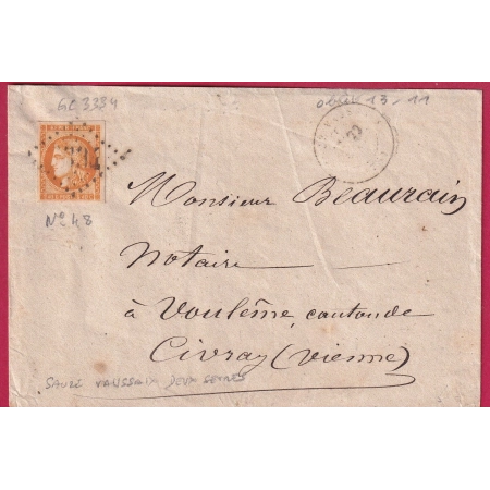 N°48 GC 3334 SAUZE VAUSSAIX DEUX SEVRES POUR CIVRAY VIENNE LETTRE COVER FRANCE