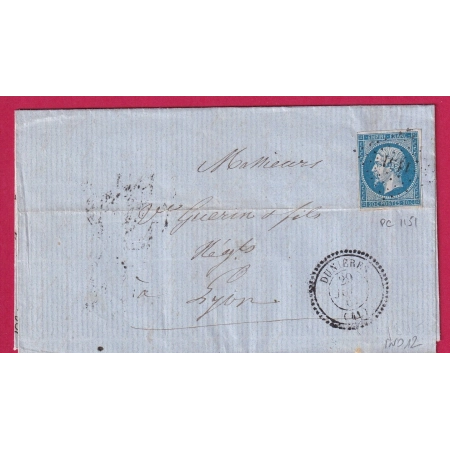 N°14 PC 1151 DUNIERES HAUTE LOIRE CAD TYPE 22 POUR LYON INDICE 12 LETTRE COVER FRANCE