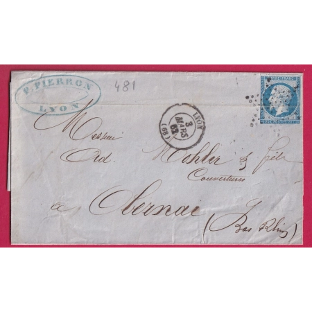 CURIOSITE N°14 ETOILE PLEINE PARIS CAD LYON 1862 POUR OBERNAI BAS RHIN LETTRE COVER FRANCE