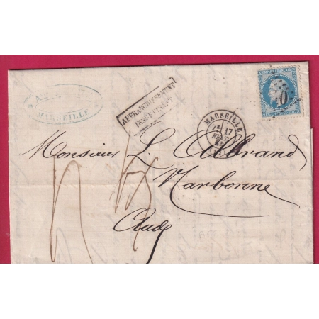 N°29 GC 2240 MARSEILLE TAXE 4 DEUX FOIS POUR NARBONNE AUDE LETTRE COVER FRANCE