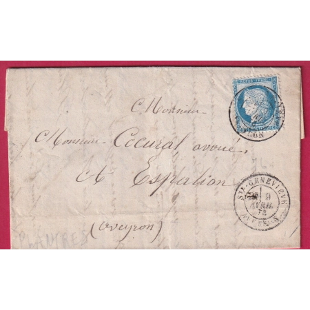 N°60 CAD TYPE 18 STE GENEVIEVE AVEYRON POUR ESPALION ARRIVE TYPE 18 ESPALION LETTRE COVER FRANCE