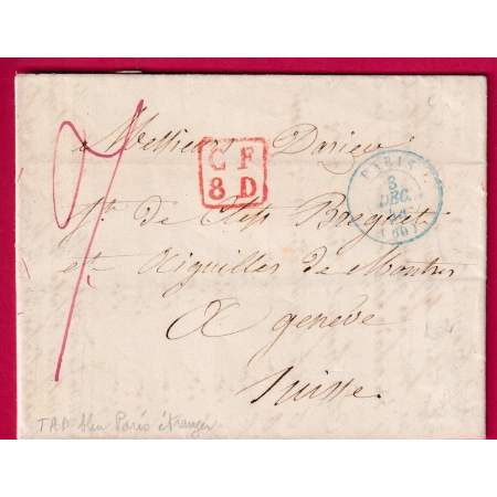 CAD PARIS EN BLEU 1844 CF8D ROUGE TAXE ROUGE 7 SUISSE POUR GENEVE SUISSE LETTRE COVER FRANCE