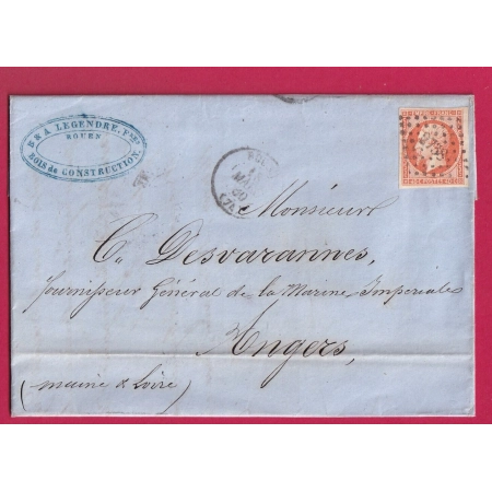 N°16 ORANGE VIF PC 2738 ROUEN SEINE INFERIEURE POUR ANGERS LETTRE COVER FRANCE