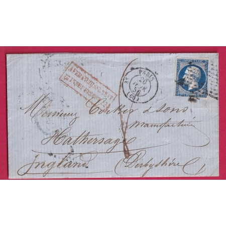 N°14 PARIS ETOILE PLEINE TAXE MANUSCRIT 8 POUR BAKEWELL ANGLETERRE 1856 AFFRANCHISSEMENT INSUFF LETTRE COVER FRANCE