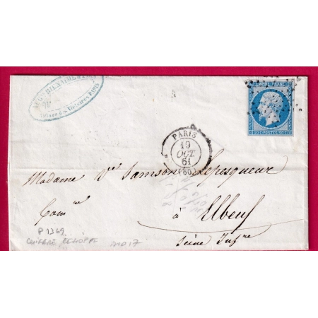 N°14 PARIS CAD CHIFFRE ECHOPE POTHION 1369 ETOILE PLEINE INDICE 17 POUR ELBEUF SEINE INFERIEURE LETTRE COVER FRANCE
