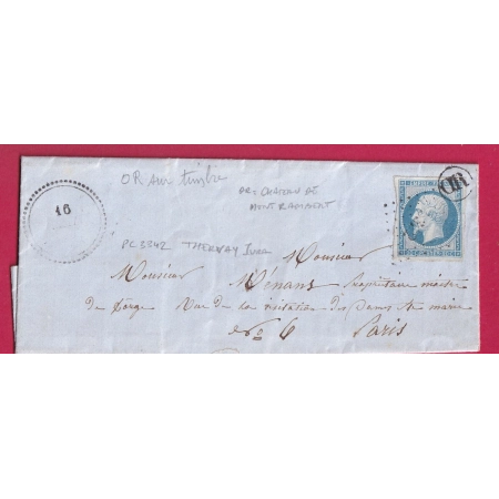 N°14 BLEU LAITEUX PC 3342 THERVAY JURA CAD TYPE 22 OR CHATEAU DE MONT RAMBERT POUR PARIS LETTRE COVER FRANCE