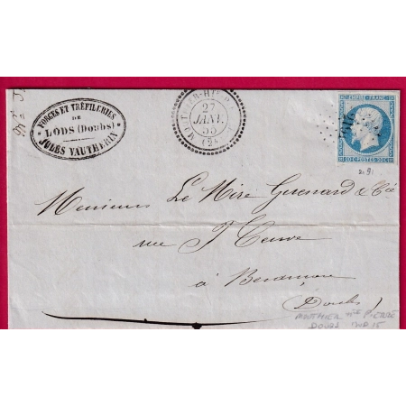 N°14 BLEU LAITEUX PC 2191 MOUTHIER HAUTE PIERRE DOUBS CAD TYPE 22 POUR BESANCON INDICE 15 LETTRE COVER FRANCE