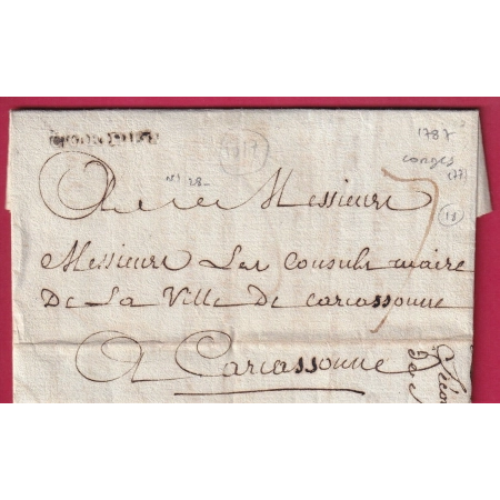 MARQUE DE CORDES TARN LENAIN N°1 1787 INDICE 18 POUR CARCASSONNE LETTRE COVER FRANCE