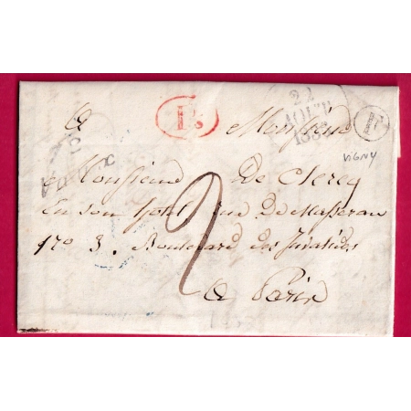 CURSIVE 72 VAUX SEINE ET OISE 1836 BOITE RURALE F VIGNY + DECIME RURAL POUR PARIS LETTRE COVER FRANCE