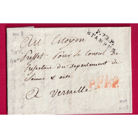 MARQUE P72P ETAMPES SEINE ET OISE POUR VERSAILLES AN8 1800 INDICE 13 LETTRE COVER FRANCE