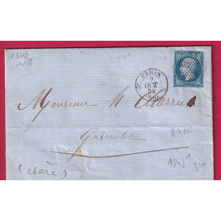 N°14 PARIS CERCLE DE POINTS 3303 INDICE 18 POUR GRENOBLE LETTRE COVER FRANCE ETIQUETTE PUB