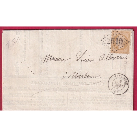 N°21 GC 2610 NARBONNE POUR NARBONNE TEXTE CACHET DE GARE 1863 LETTRE COVER FRANCE