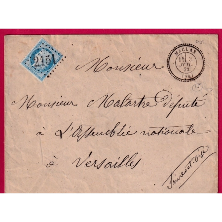 N°60 GC 2151 MACLAS LOIRE CAD TYPE 24 POUR VERSAILLES ASSEMBLEE NATIONALE AU DOS INDICE 15 LETTRE COVER FRANCE