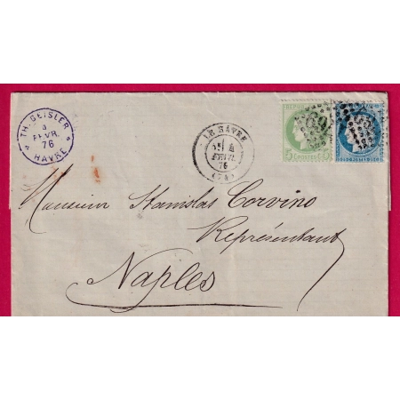 N°53 60 GC 1769 LE HAVRE 4 FEVRIER 1876 POUR NAPLES NAPOLI ITALIE ITALIA LETTRE COVER FRANCE