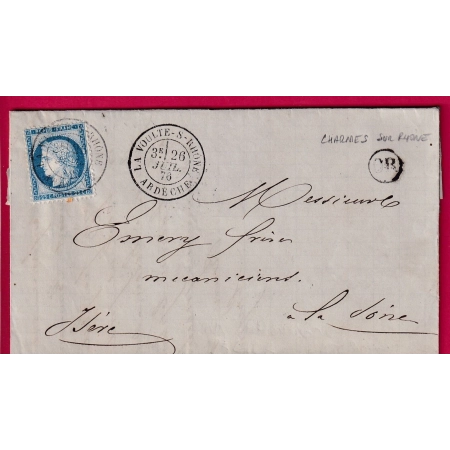 N°60 CAD TYPE 18 LA VOULTE SUR RHONE ARDECHE OR CHARMES SUR RHONE LA SONE ISERE LETTRE COVER FRANCE