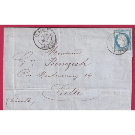 N°60 CAD TYPE 18 ST PERAY ARDECHE POUR CETTE HERAULT 25 MARS 1878 LETTRE COVER FRANCE