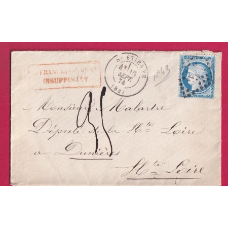 N°60 GC 3581 ST ETIENNE LOIRE TAXE 35C AFFRANCHISSEMENT INSUFFISANT DUNIERES HAUTE LOIRE LETTRE COVER FRANCE