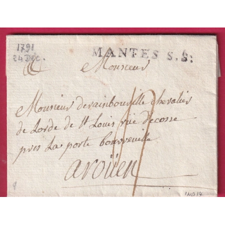 MARQUE MANTES S.S. SEINE T OISE 1791 LENAIN N°9 POUR ROUEN SEINE INFERIEURE INDICE 14 LETTRE COVER FRANCE