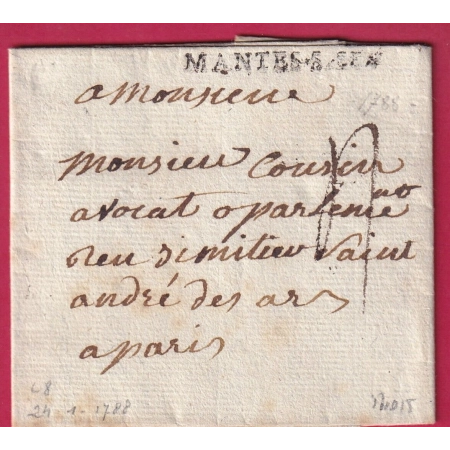MARQUE MANTES S.S. SEINE T OISE 1788 LENAIN N°8 POUR PARIS INDICE 15 LETTRE COVER FRANCE