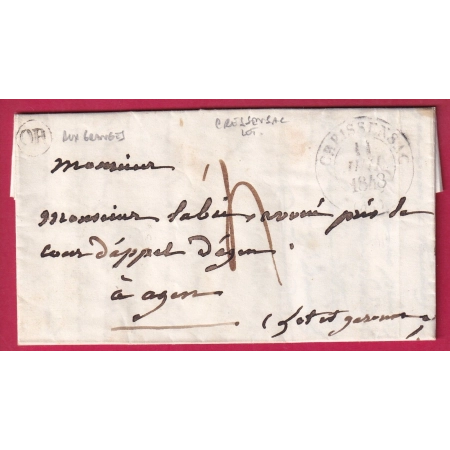 CAD TYPE 13 CRESSENSAC LOT OR AUX GRANGES POUR AGEN LOT ET GARONNE 1848 LETTRE COVER FRANCE