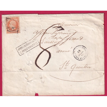 N°16 PC 2299 NOUVION EN THIERACHE AISNE GRIFFE AFFRANCHISSEMENT INSUFFISANT ROUTE 15 TAXE 8 ST QUENTIN LETTRE COVER