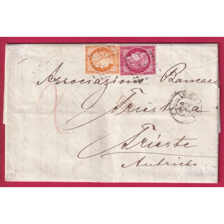 N°38 57 AMBULANT LP LYON A PARIS BUREAU PASSE DIJON POUR TRIESTE ITALIE AUTRICHE AUSTRIA ITALIA DOUBLE PORT LETTRE COVER